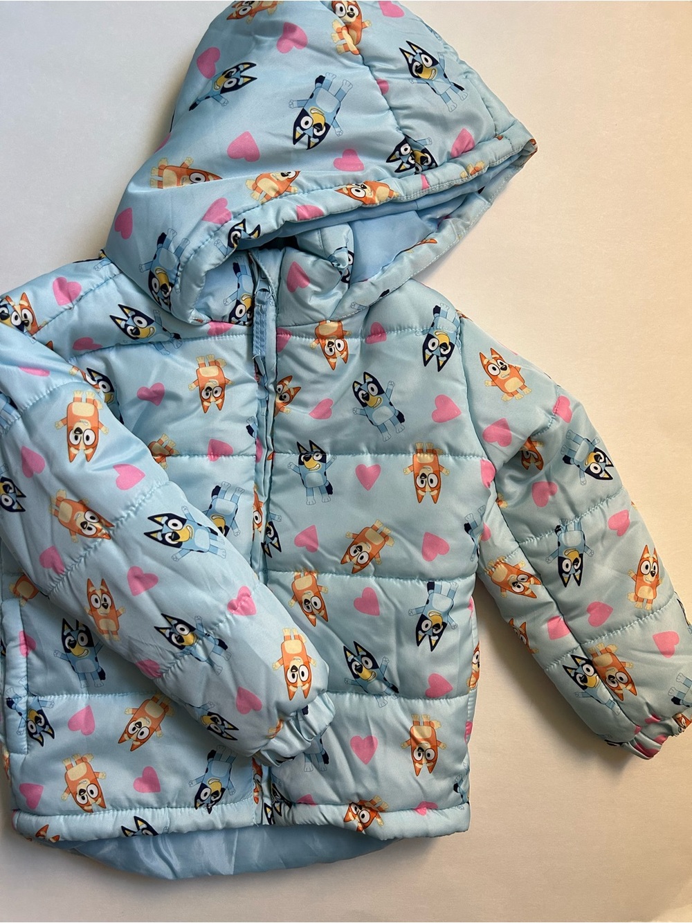 Bluey Light Blue Kids Puffer Jacket with Heart & Character Print